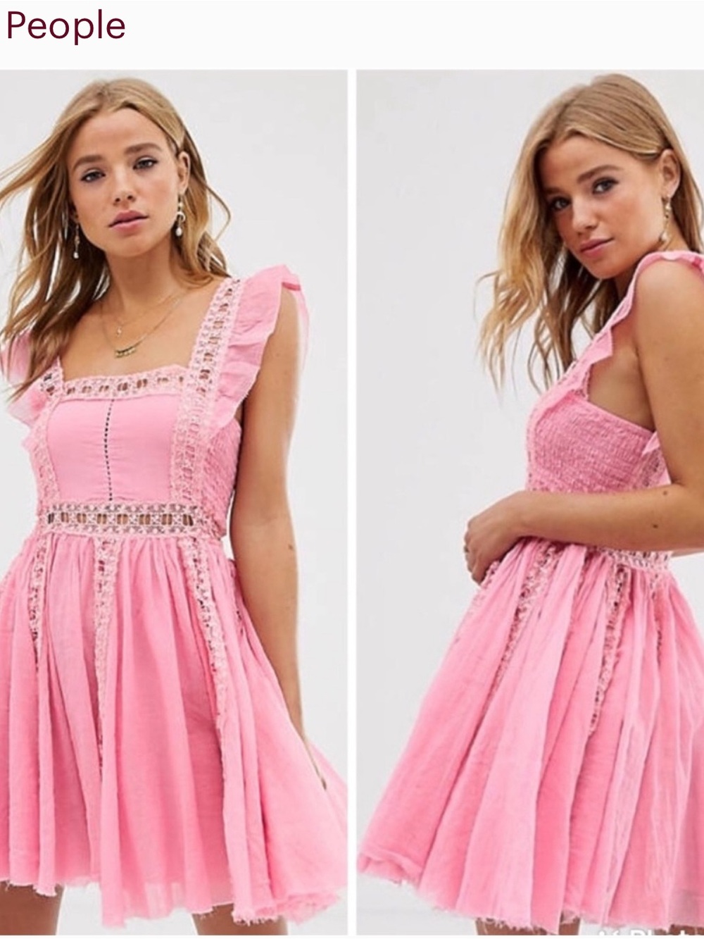 Free People Pink Ruffle-Trim Square Neck Mini Dress